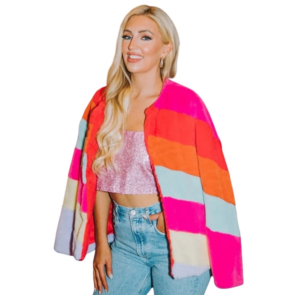 Buddy Love Happy Morning Sky Faux Fur Teddy Striped Rainbow Fuzzy Jacket S EUC